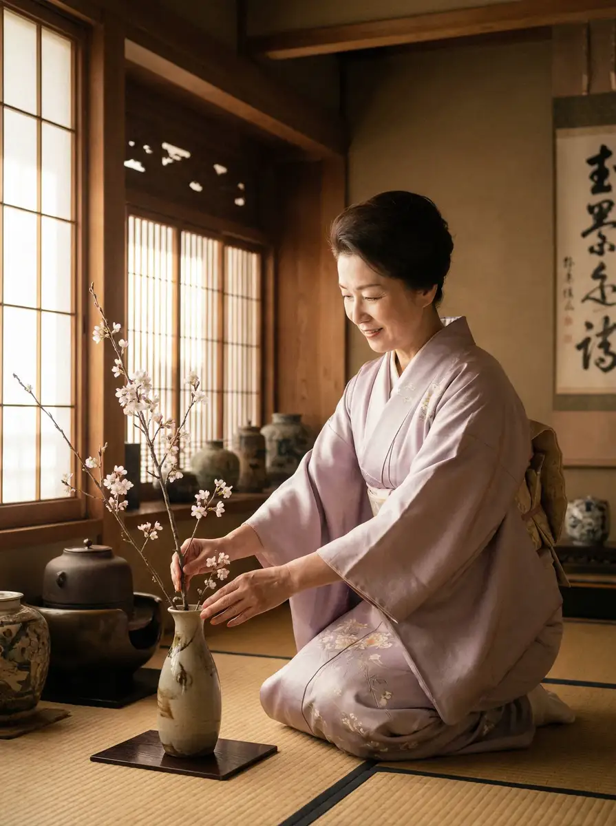 一位优雅的 吉祥坊网站 在和室中插花